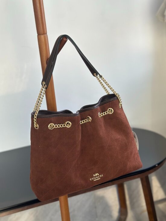 Coach Handbags - 🤎Coach Brown Suede Quilted Chain Drawstring Shoulder Tote Bag